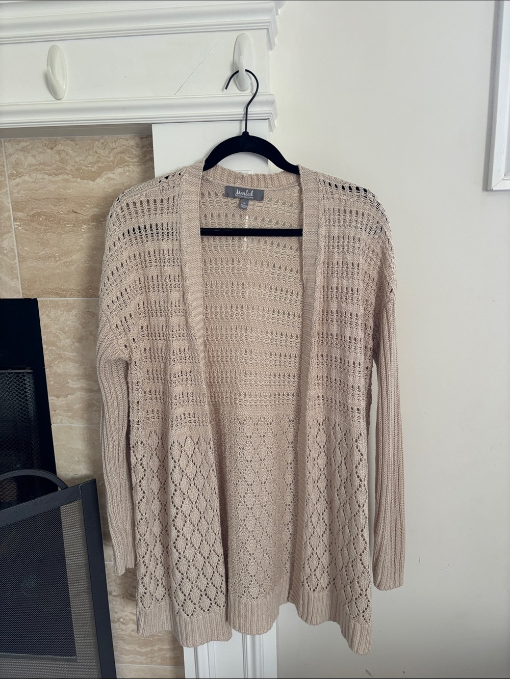 Madelia Open-Front Beige Crochet Knit Cardigan